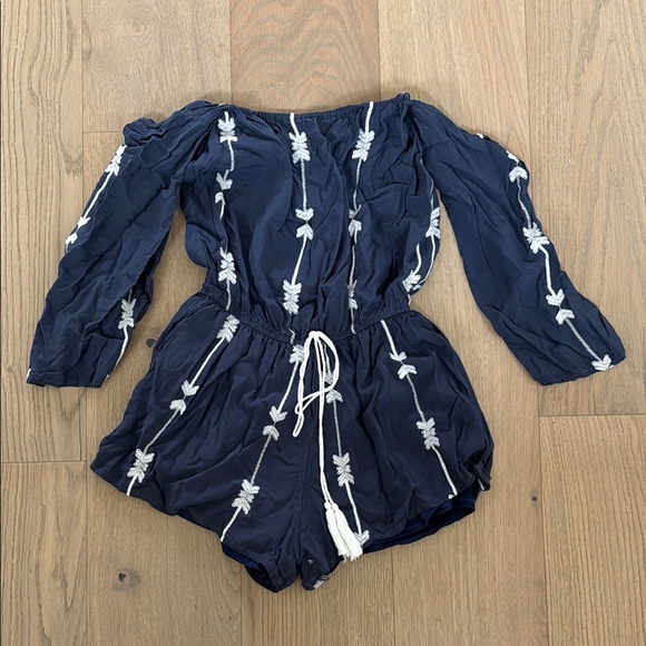 Pants - Navy Off-Shoulder Romper with White Embroidery